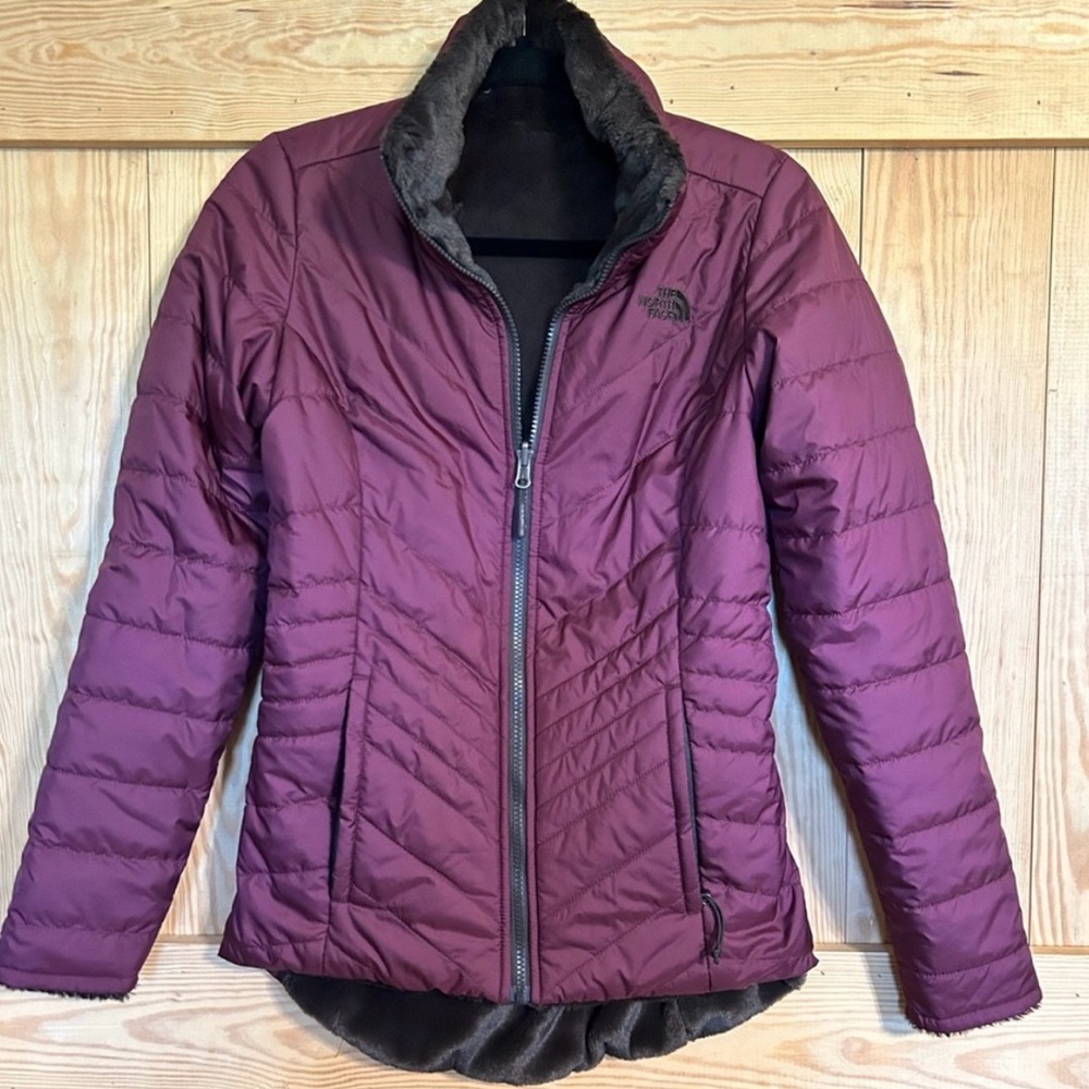 The North Face Purple Puffer Jacket with Chevron Quilting
